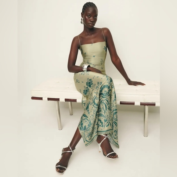 NEW With Tags! Reformation Silk ‘Frankie’ Dress in Sage Border (Size 0) - Picture 1 of 1